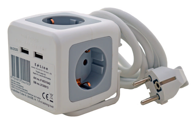 E-line Cube Stikdåse 4-vejs til schukostikpropper og DK 2 polet stikprop. samt 2 x USB udtag 5V dc 2.4A. 1.5 mtr. 