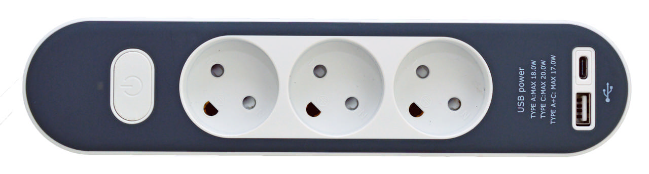 E-line Stikdåse 3-Vejs Uden Jord Med Afbryder USB A+C 1.4 mtr. ledning