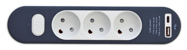 E-line Stikdåse 3-Vejs Uden Jord Med Afbryder USB A+C 1.4 mtr. ledning