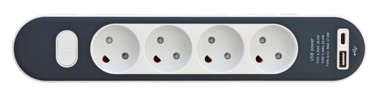 E-line Stikdåse 4-Vejs Med Jord Med Afbryder USB A+C 1.4 mtr. ledning