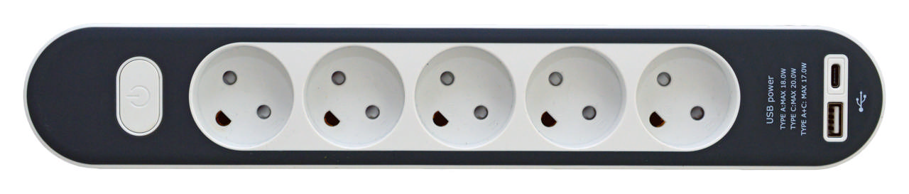 E-line Stikdåse 5-Vejs Med Jord Med Afbryder USB A+C 1.4 mtr. ledning